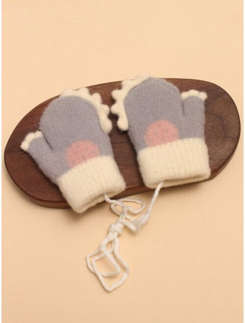 1pair Gray Plush Dinosaur Themed Baby Mittens With Mitten Clips For Winter Warmth