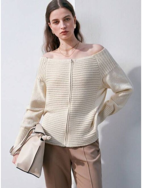 Shein Anewsta Women's Off-shoulder Zipper Front Cardigan Sweater