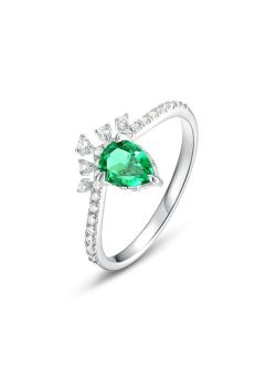 Moon Language 925 Sterling Silver Ring, Teardrop Cultured Emerald Gemstone, Unique Crown Ring, Women's Engagement Wedding Anniversary Ring, Vintage Meets Fashion