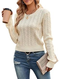 Women's Cable Cropped Sweater Long Sleeve Crewneck Pullover Knit Jumper Top