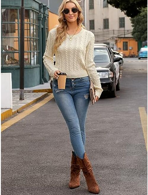 ZAFUL Women's Cable Cropped Sweater Long Sleeve Crewneck Pullover Knit Jumper Top