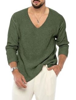 PASLTER Mens V Neck Sweater Slim Fit Lightweight Knitted Pullover Stylish Sweater