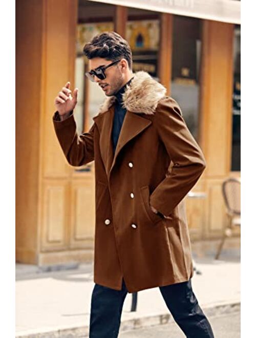 PASLTER Men's Winter Trench Overcoat Removable Faux Fur Collar Top Coat Double Breasted Business Long Pea Coat