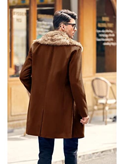 PASLTER Men's Winter Trench Overcoat Removable Faux Fur Collar Top Coat Double Breasted Business Long Pea Coat
