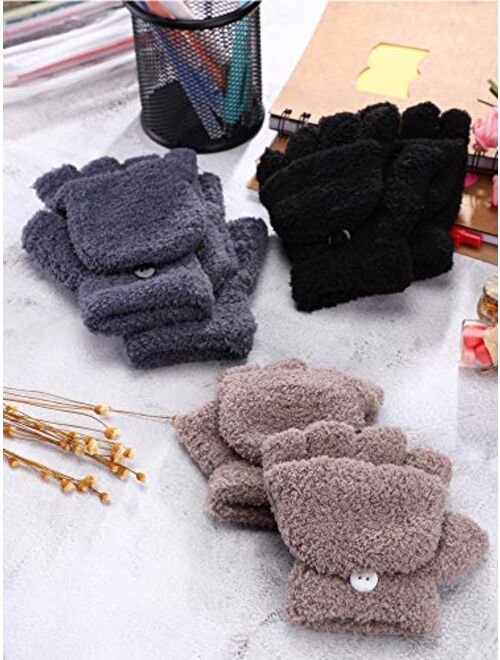Boao 3 Pairs Kids Fingerless Gloves Convertible Mittens Flip Top Gloves Toddler Winter Soft Knitted Gloves for Boys and Girls