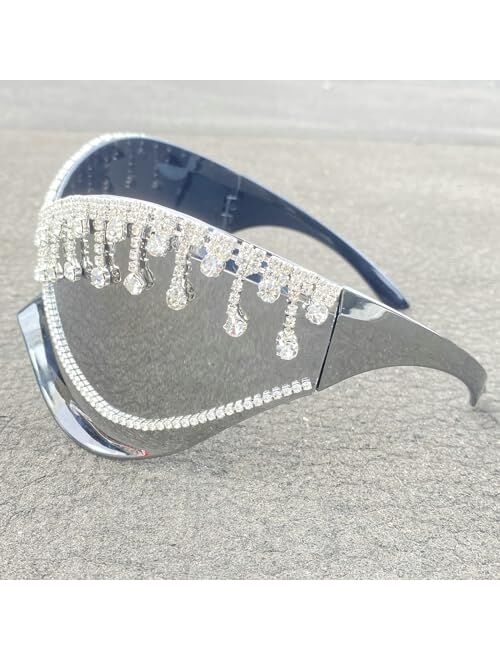 Mincl Oversized One Piece Sunglasses For Women Fashion Tassel Rhinestone Sun Glasses Large Frame Diamond Eyewear Shield Goggles