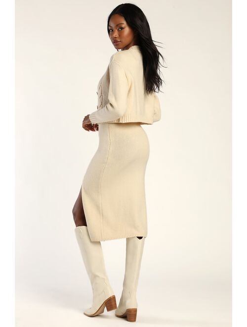 Lulus Warmer Love Ivory Cable Knit Two-Piece Midi Sweater Dress