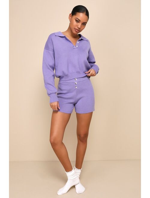 Lulus Relaxed Mindset Lavender Knit Button-Front Sweater Shorts