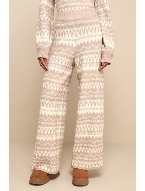 Lulus Cabin Cozy Beige Print High-Rise Wide-Leg Sweater Pants