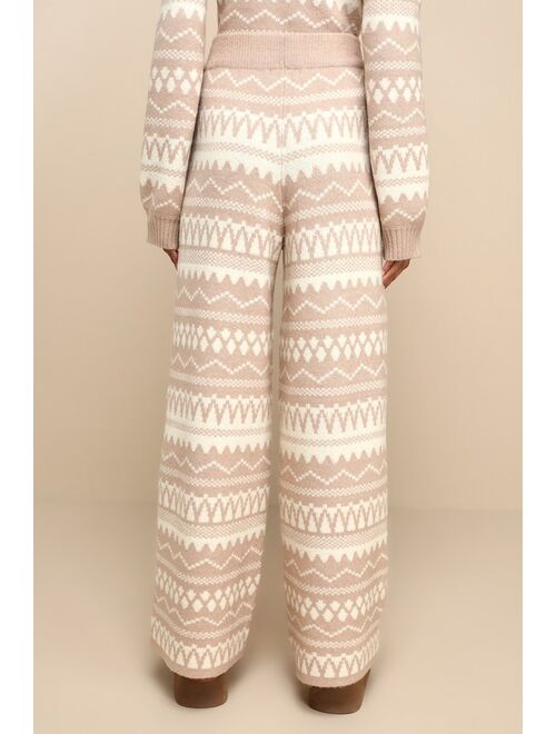 Lulus Cabin Cozy Beige Print High-Rise Wide-Leg Sweater Pants