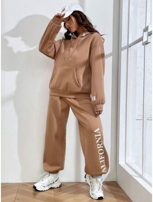 SHEIN EZwear 2pcs/set Letter Print Drawstring Hoodie And Pants Tracksuit