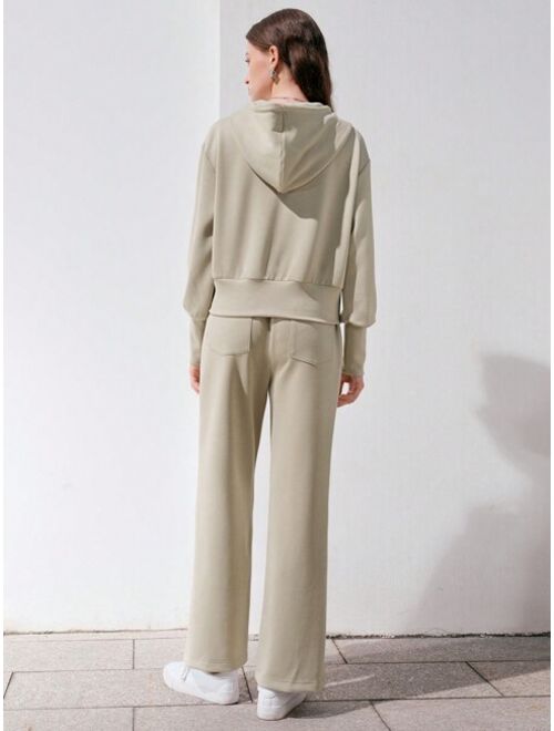 Shein Anewsta Drop Shoulder Hoodie With Zipper & Drawstring And Pants Set