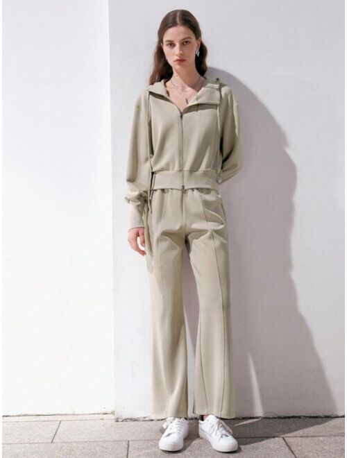 Shein Anewsta Drop Shoulder Hoodie With Zipper & Drawstring And Pants Set