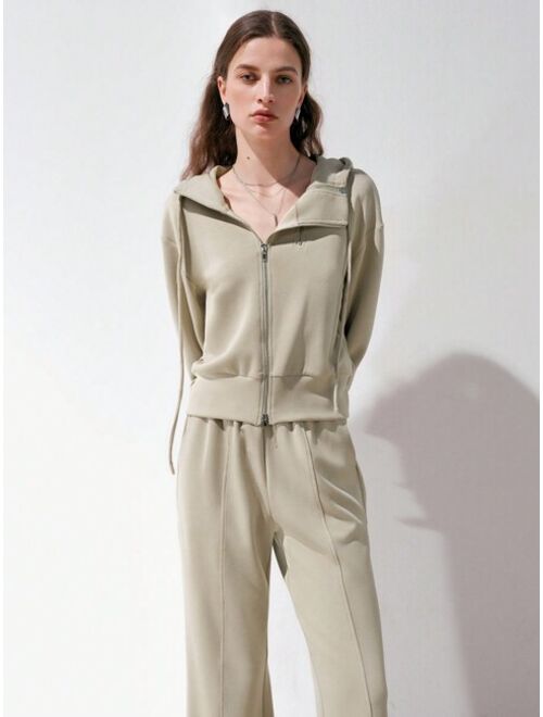 Shein Anewsta Drop Shoulder Hoodie With Zipper & Drawstring And Pants Set