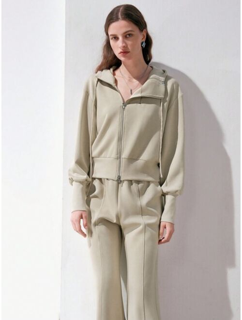 Shein Anewsta Drop Shoulder Hoodie With Zipper & Drawstring And Pants Set