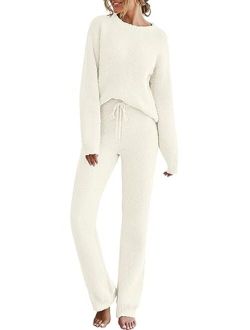 Womens Fuzzy Fleece Long Sleeve 2 Piece Loungewear Outfits Sweater Pants Pajama Sets
