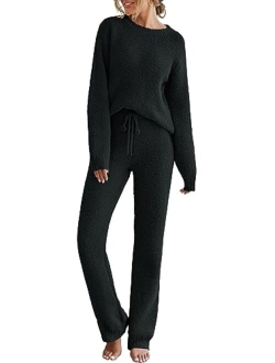 Womens Fuzzy Fleece Long Sleeve 2 Piece Loungewear Outfits Sweater Pants Pajama Sets