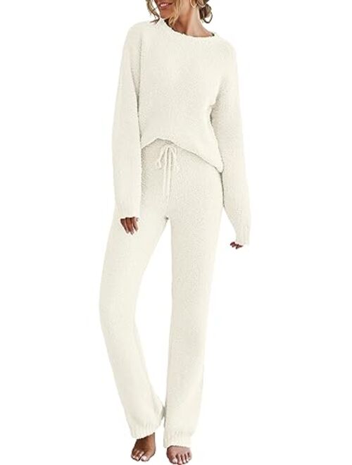 MEROKEETY Womens Fuzzy Fleece Long Sleeve 2 Piece Loungewear Outfits Sweater Pants Pajama Sets