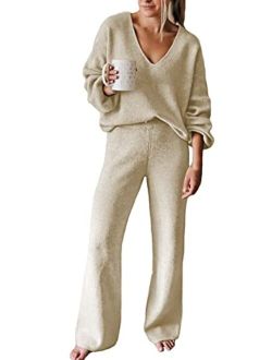 Viottiset Women's 2 Piece Outfits Casual V Neck Knit Wide Leg Sweater Lounge Set Sweatsuit