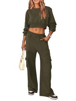 Womens Fall 2 Piece Outfits Sweatsuits Sets Long Sleeve Crop Tops Sweatshirt Wide Leg Cargo Pants with Pockets