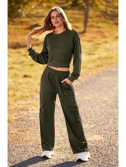 PRETTYGARDEN Womens Fall 2 Piece Outfits Sweatsuits Sets Long Sleeve Crop Tops Sweatshirt Wide Leg Cargo Pants with Pockets