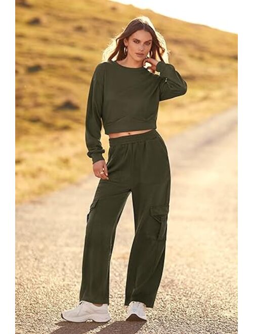 PRETTYGARDEN Womens Fall 2 Piece Outfits Sweatsuits Sets Long Sleeve Crop Tops Sweatshirt Wide Leg Cargo Pants with Pockets