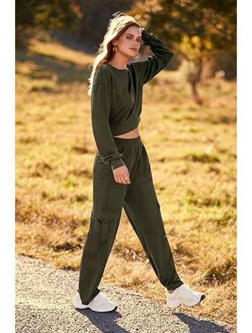 PRETTYGARDEN Womens Fall 2 Piece Outfits Sweatsuits Sets Long Sleeve Crop Tops Sweatshirt Wide Leg Cargo Pants with Pockets