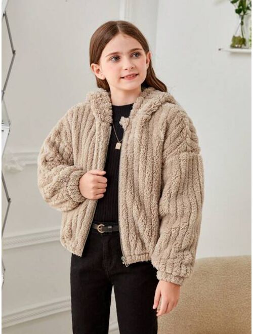 SHEIN Tween Girl Solid Color Double-sided Fleece Hooded Casual Jacket, Winter