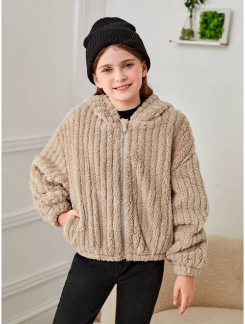 SHEIN Tween Girl Solid Color Double-sided Fleece Hooded Casual Jacket, Winter