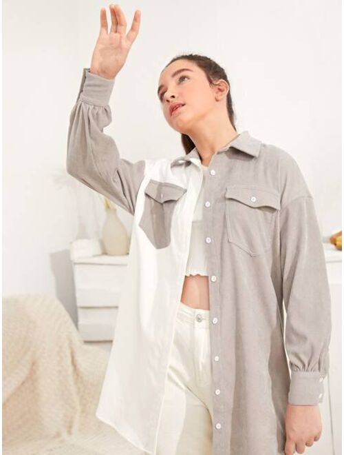 SHEIN Teenage Girl Color Block Loose Drop Shoulder Sleeve Shirt With Patchwork