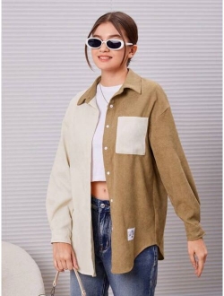 Teen Girl 1pc Two Tone Letter Patched Detail Pocket Front Corduroy Shirt