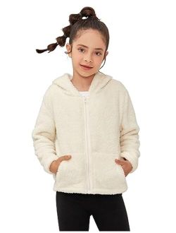 QPANCY Girls Fuzzy Sherpa Coat Full Zip Hoodie Fleece Jacket with Pockets Fall Winter Outwear