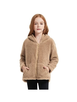 QPANCY Girls Fuzzy Sherpa Coat Full Zip Hoodie Fleece Jacket with Pockets Fall Winter Outwear