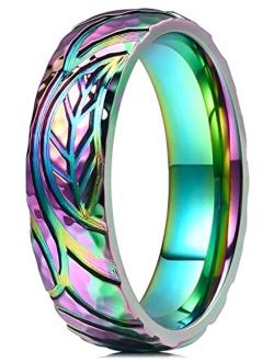 THREE KEYS JEWELRY 6mm Rainbow Color Plated Titanium Ring Leaf Texture Pattern Engraved Hammered Design Wedding Band Engagement Ring for Men Women Comfort Fit
