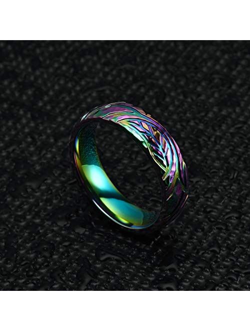 THREE KEYS JEWELRY 6mm Rainbow Color Plated Titanium Ring Leaf Texture Pattern Engraved Hammered Design Wedding Band Engagement Ring for Men Women Comfort Fit
