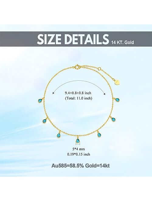SISGEM Real 14k Gold Simulated Turquoise Anklets for Women, 14 Karat Gold Dangle Ankle Bracele Jewelry Gift for Her, 9.4-11 Inch