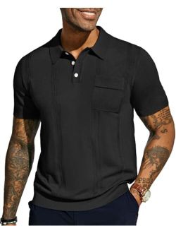 Men's Knit Polo Shirt Short Sleeve Casual Solid Golf Shirts with Pocket