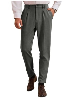 Men's Dress Pants Waist Pleated Straight Fit Flat Business Pants with Pockets