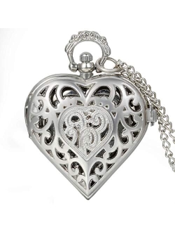 JewelryWe Vintage Silver Tone Heart Locket Style Pendant Pocket Watch Necklace for Girls Lady Women, 30-inch Chain for Valentines Day