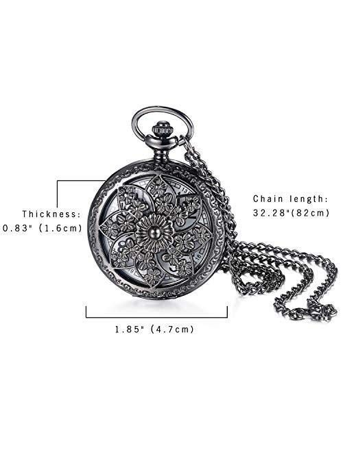 JewelryWe Retro Bronze Flower Openwork Cover Quartz Pocket Watch with 32.3 Inch Chain for Valentines Day