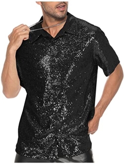 LecGee Mens Disco Sequin Prom Shirt Short Sleeve Luxury Sparkle Button Down 70s Party Club Novelty Shiny Shirt for Men