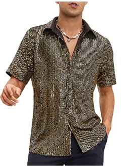 LecGee Mens Disco Sequin Prom Shirt Short Sleeve Luxury Sparkle Button Down 70s Party Club Novelty Shiny Shirt for Men