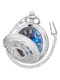 Tiong Pocket Watch Hollow Blue Star Design Roman Numerals Quartz with Chain Christmas Birthday Gifts