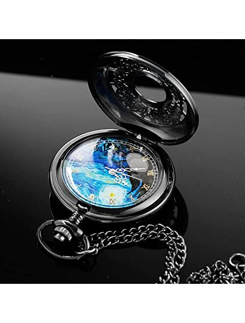 Tiong Pocket Watch Hollow Blue Star Design Roman Numerals Quartz with Chain Christmas Birthday Gifts