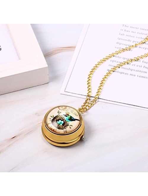 JewelryWe Vintage Pocket Watch for Women Classic Gold Plated Round Analog Quartz Watch Clock Pendant Necklace Watch with Chain for Valentines Day