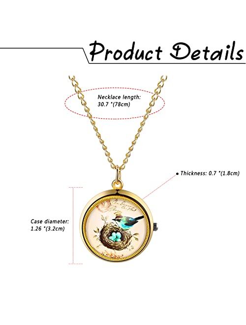 JewelryWe Vintage Pocket Watch for Women Classic Gold Plated Round Analog Quartz Watch Clock Pendant Necklace Watch with Chain for Valentines Day