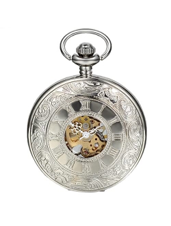 JewelryWe Antique Mechanical Pocket Watch Retro Classic Mechanical Hand-Wind Pocket Watch Steampunk Fob Watch Pendant Watch with Chain, for Fathers' Day