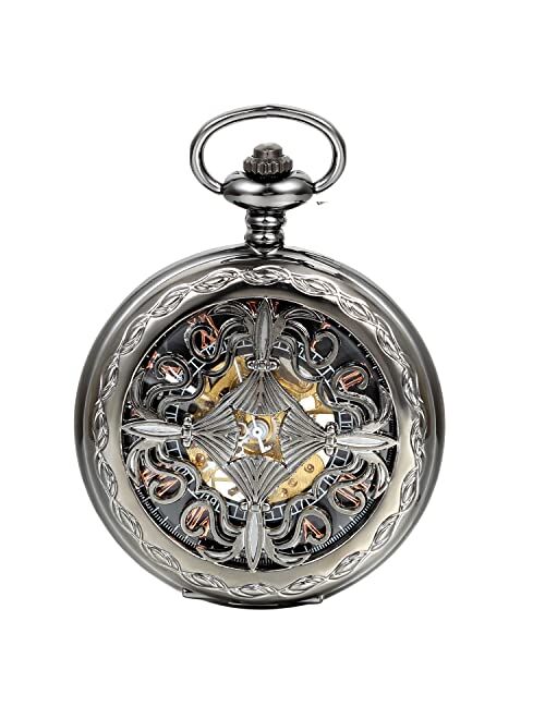 JewelryWe Antique Mechanical Pocket Watch Retro Classic Mechanical Hand-Wind Pocket Watch Steampunk Fob Watch Pendant Watch with Chain, for Fathers' Day