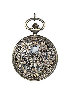 JewelryWe Vintage Butterfly Pocket Watch: Retro Design Bronze Flower Openwork Cover Pocket Quartz Watch with Chain for Valentines Day