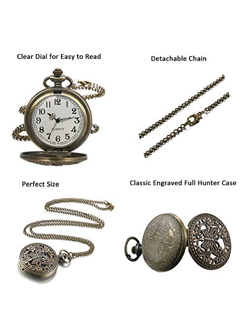 JewelryWe Vintage Butterfly Pocket Watch: Retro Design Bronze Flower Openwork Cover Pocket Quartz Watch with Chain for Valentines Day